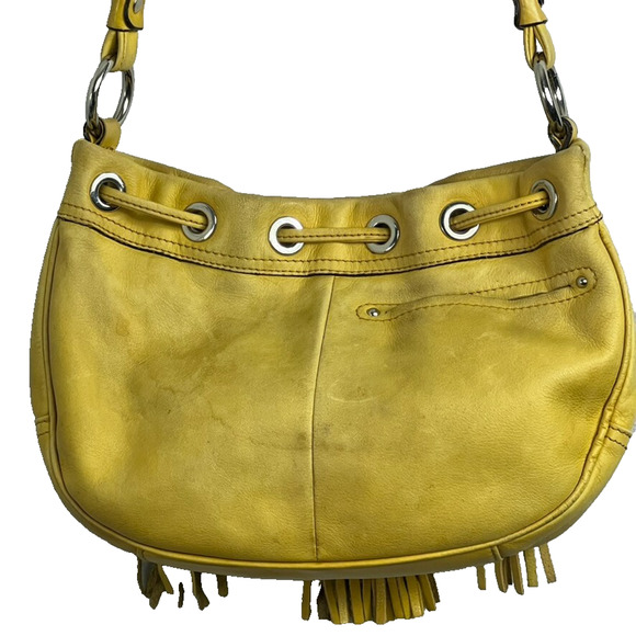 B Makowsky Crossbody Bag Purse Yellow Metal Hardware Leather Fringe Tassel - Picture 5 of 16
